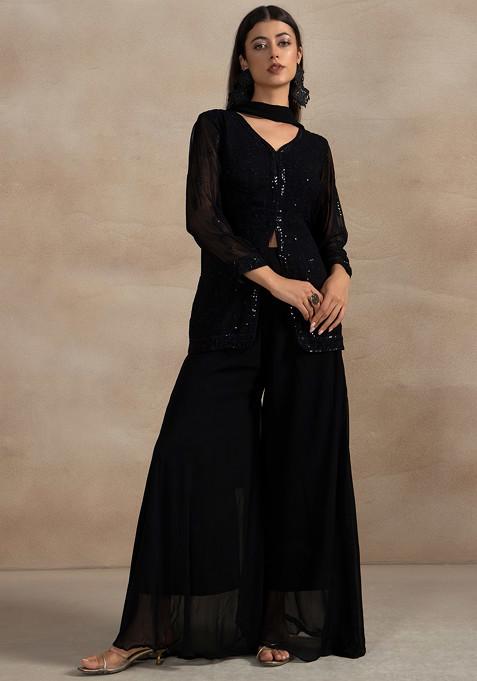 Black Sequin Embroidered Kurta Set With Palazzo And Dupatta