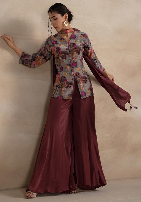 Brown Cutdana Embellished Kurta Set With Palazzo And Dupatta