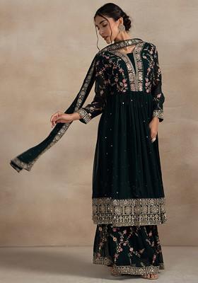 Green Floral Embroidered Anarkali Kurta Set With Sharara And Embroidered Dupatta