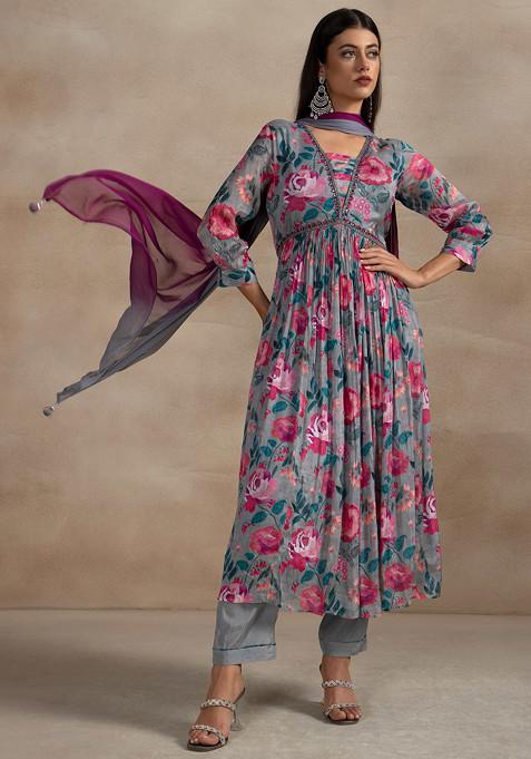 Grey Floral Print Bead Cutdana Embellished Anarkali Set With Pants And Pink Dupatta