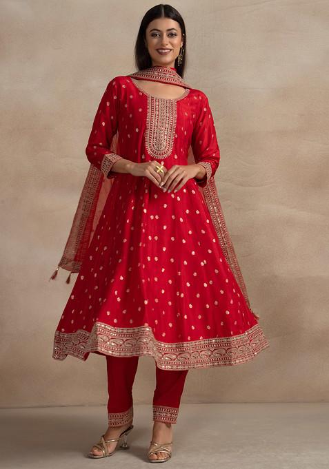 Red Zari Sequin Embellished Anarkali Set With Pants And Embellished Dupatta