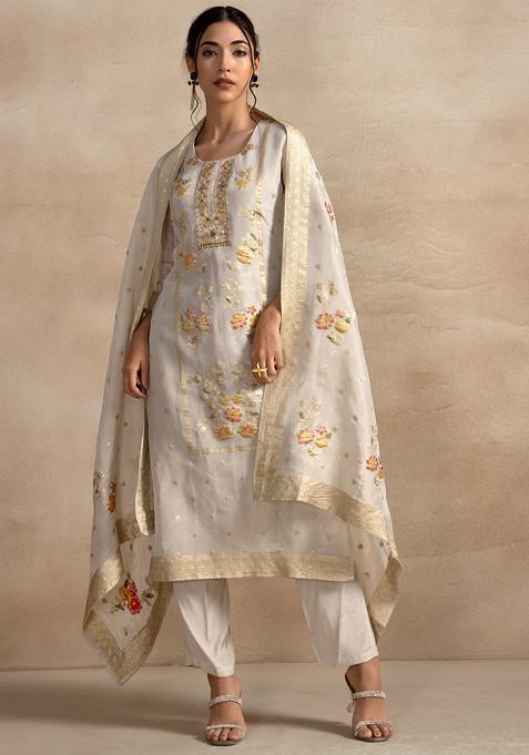 Cream Floral Sequin Hand Embroidered Kurta Set With Pants And Dupatta