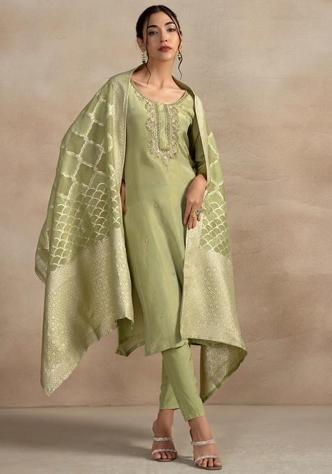 Green Sequin Cutdana Embellished Kurta Set With Pants And Brocade Dupatta
