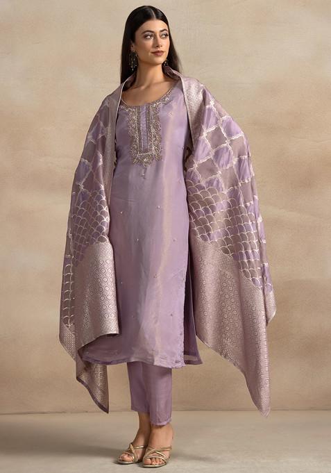 Purple Sequin Cutdana Embellished Kurta Set With Pants And Brocade Dupatta