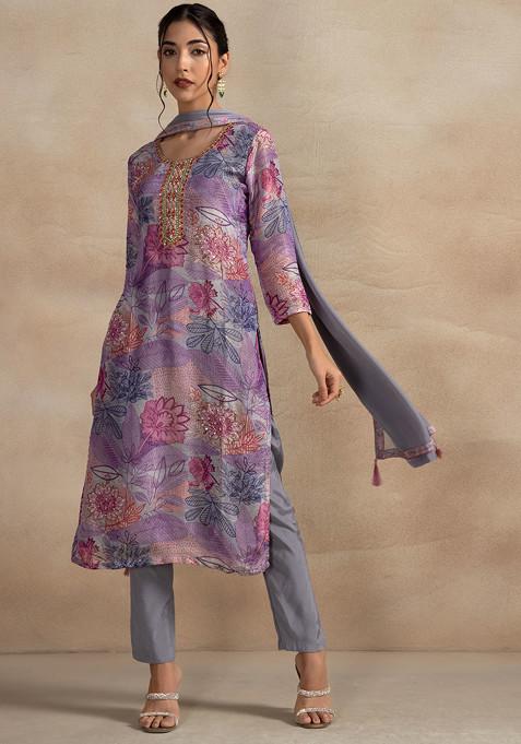 Purple Floral Print Bead Embellished Kurta Set With Pants And Dupatta