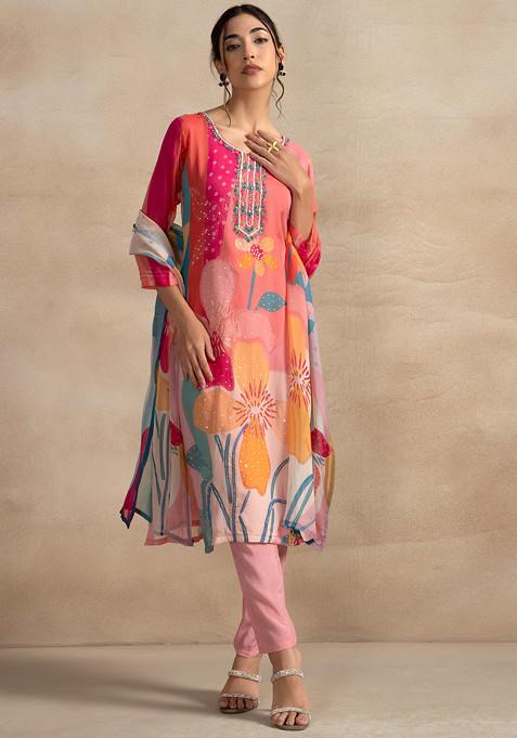 Multicolour Floral Print Sequin Mirror Embellished Kurta Set With Pants And Dupatta