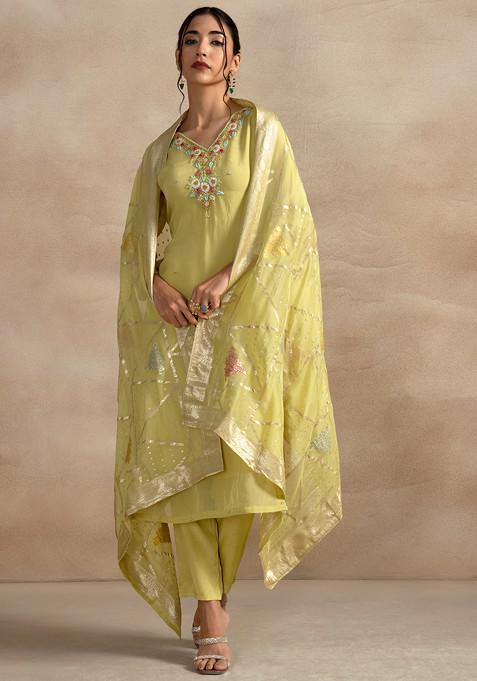 Lime Green Floral Sequin Hand Work Kurta Set With Pants And Brocade Dupatta