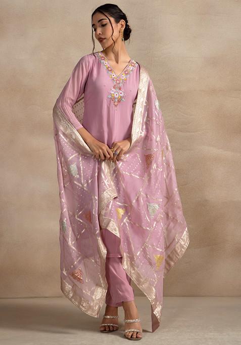 Pink Floral Sequin Hand Work Kurta Set With Pants And Brocade Dupatta