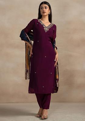 Maroon Floral Sequin Embellished Organza Kurta Set With Pants And Dupatta