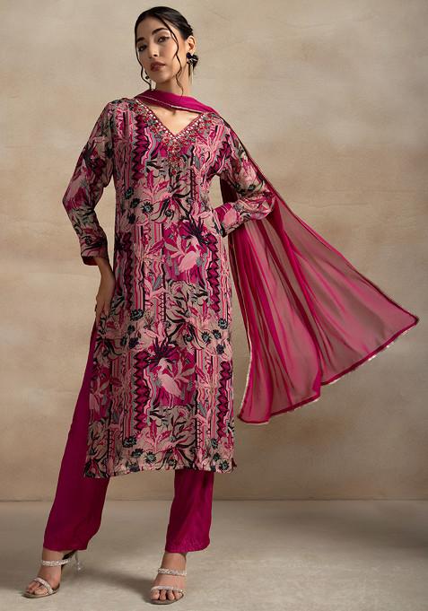 Pink Floral Print Cutdana Embroidered Kurta Set With Pants And Dupatta
