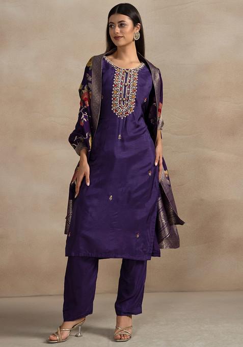 Dark Purple Sequin Cutdana Embellished Kurta Set With Pants And Printed Dupatta