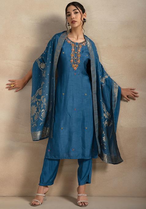 Teal Blue Floral Cutdana Embellished Kurta Set With Pants And Dupatta