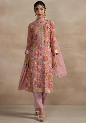 Pink Floral Print Sequin Embellished Kurta Set With Pants And Dupatta