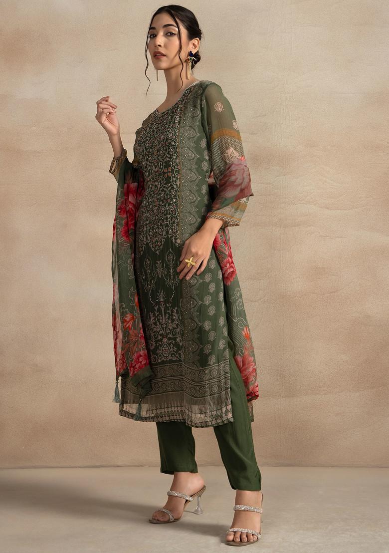 Green Floral Cutdana Embellished Kurta Set With Pants And Printed Dupatta