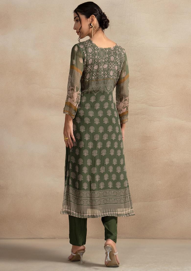 Green Floral Cutdana Embellished Kurta Set With Pants And Printed Dupatta