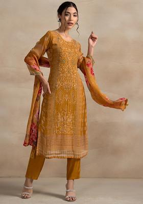 Mustard Yellow Floral Cutdana Embellished Kurta Set With Pants And Printed Dupatta