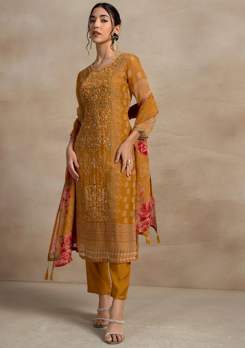 Mustard Yellow Floral Cutdana Embellished Kurta Set With Pants And Printed Dupatta
