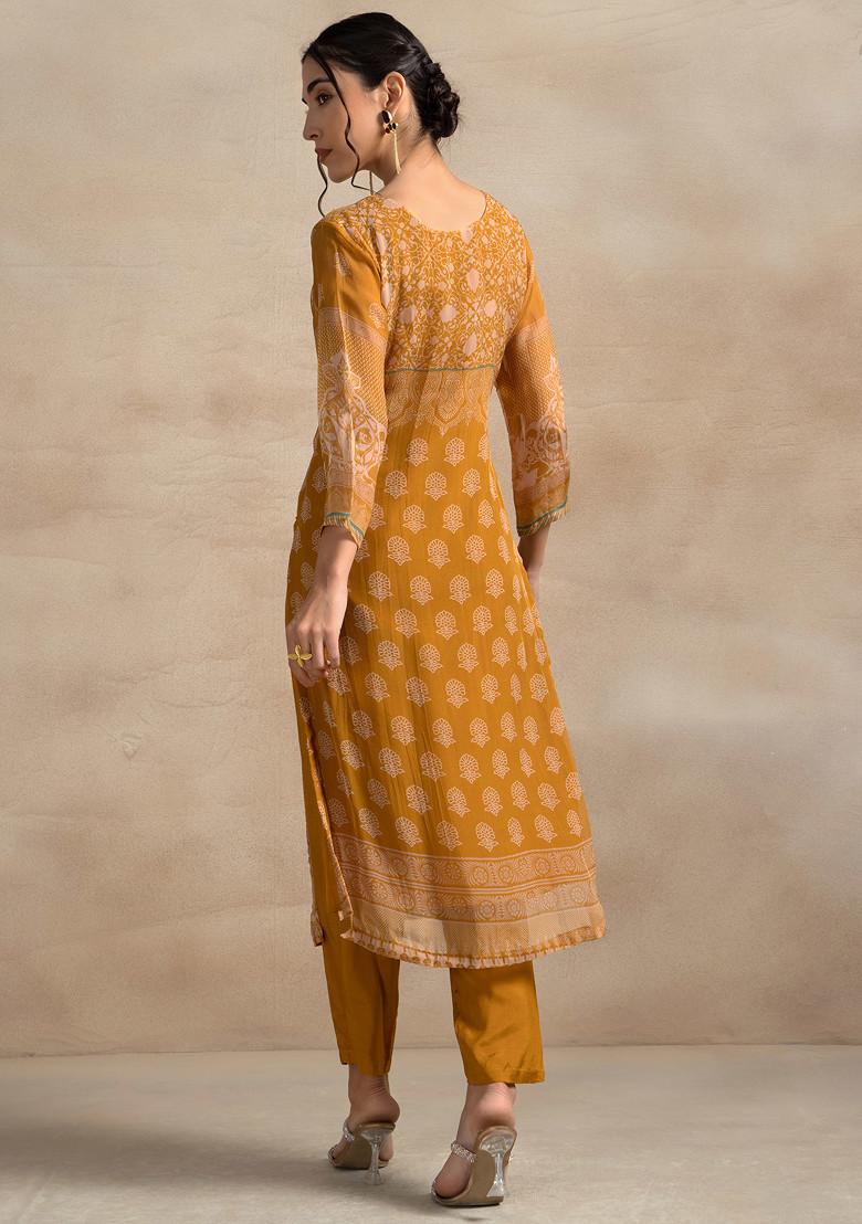 Mustard Yellow Floral Cutdana Embellished Kurta Set With Pants And Printed Dupatta