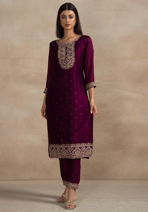 Purple Floral Sequin Embroidered Kurta Set With Pants And Yellow Embellished Dupatta