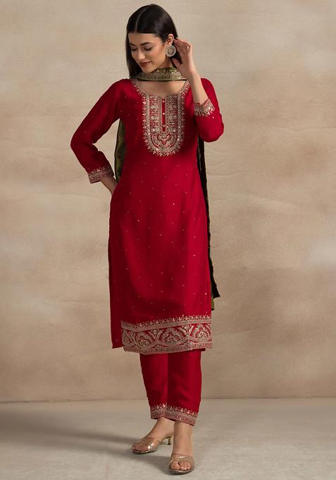 Red Floral Sequin Embroidered Kurta Set With Pants And Green Embellished Dupatta