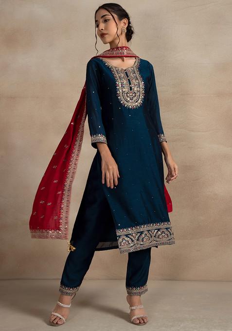 Teal Blue Floral Sequin Embroidered Kurta Set With Pants And Red Embellished Dupatta