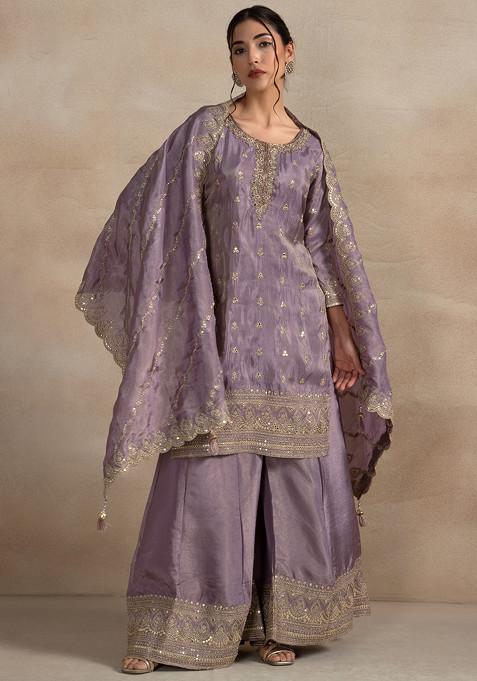 Purple Floral Zari Embroidered Sharara Set With Sequin Embellished Kurta And Dupatta