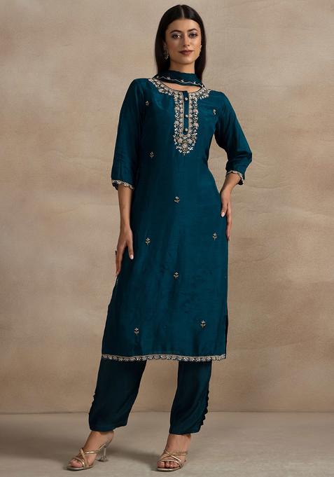 Teal Blue Sequin Cutdana Embellished Kurta Set With Palazzo And Organza Dupatta