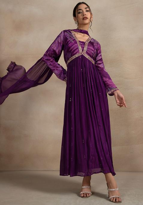 Purple Floral Sequin Cutdana Embellished Anarkali With Dupatta
