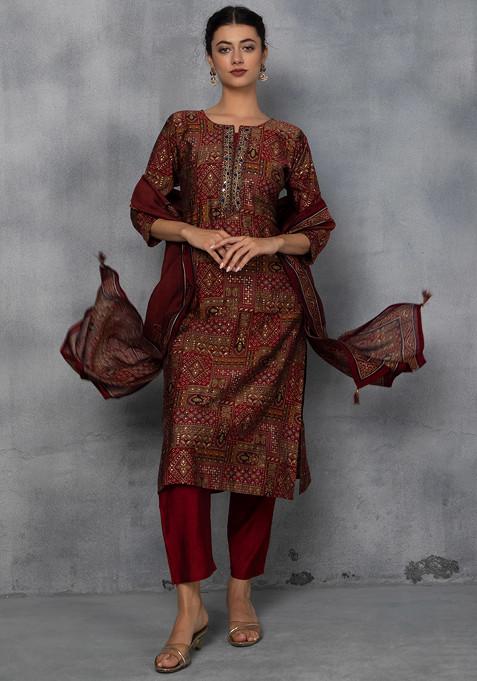 Maroon Ethnic Print Bead Embroidered Kurta Set With Pants And Printed Dupatta