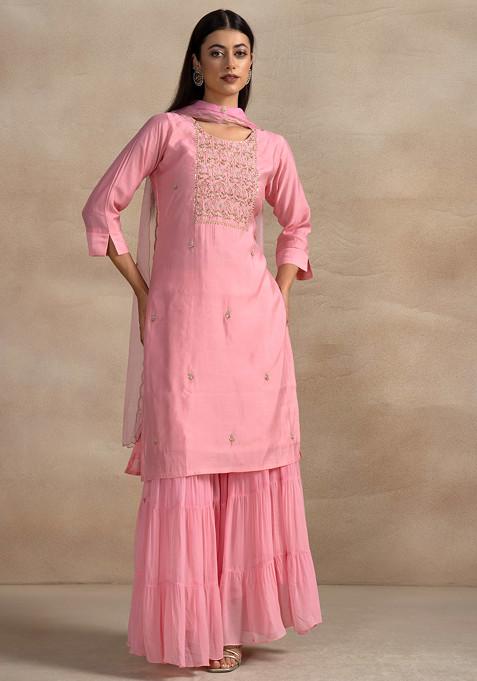 Pink Hand Embellished Sharara Set With Bead Embellished Kurta And Organza Dupatta