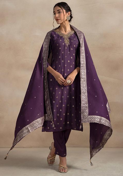 Purple Cutdana Sequin Embellished Kurta Set With Pants And Silk Dupatta