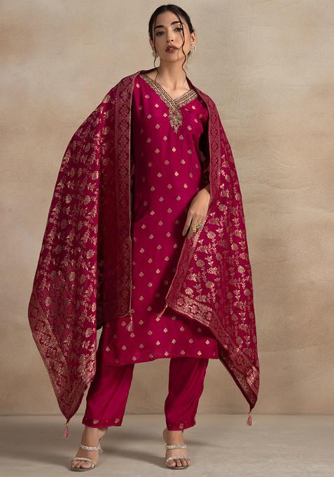 Maroon Cutdana Sequin Embellished Kurta Set With Pants And Silk Dupatta