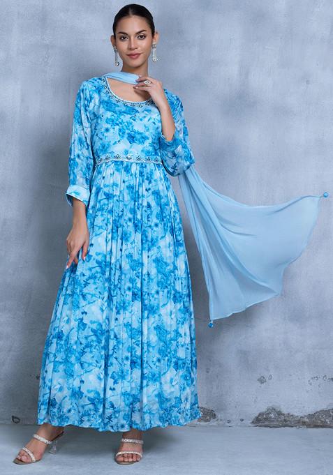 Blue Floral Print Sequin Cutdana Embellished Anarkali Kurta With Dupatta