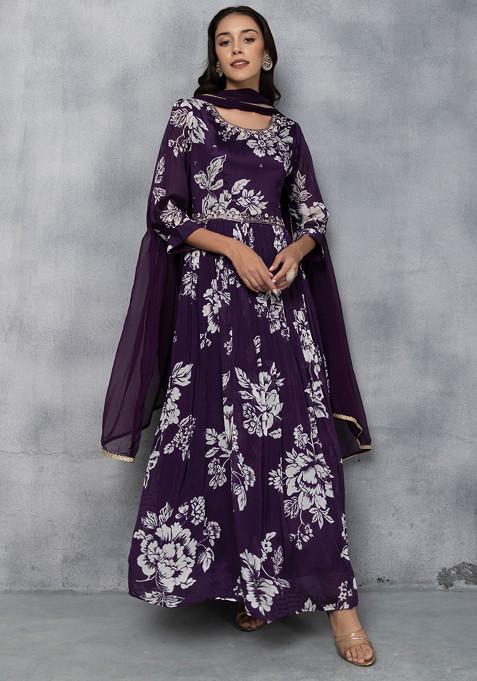 Purple Floral Print Sequin Embellished Anarkali Kurta Set With Dupatta