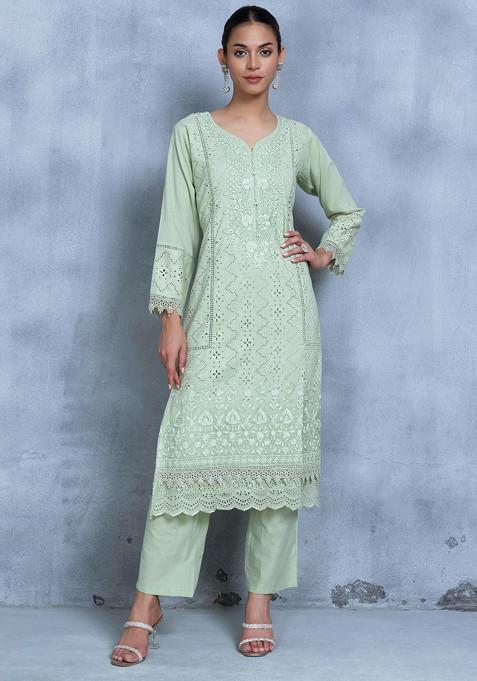 Green Floral Embroidered Kurta Set With Pants And Printed Dupatta