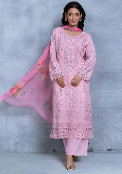 Pink Floral Embroidered Kurta Set With Pants And Printed Dupatta