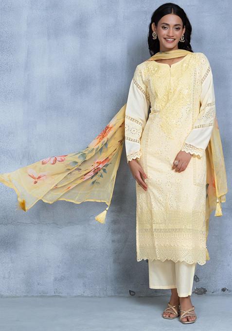 Yellow Floral Zari Embroidered Kurta Set With Pants And Floral Print Dupatta