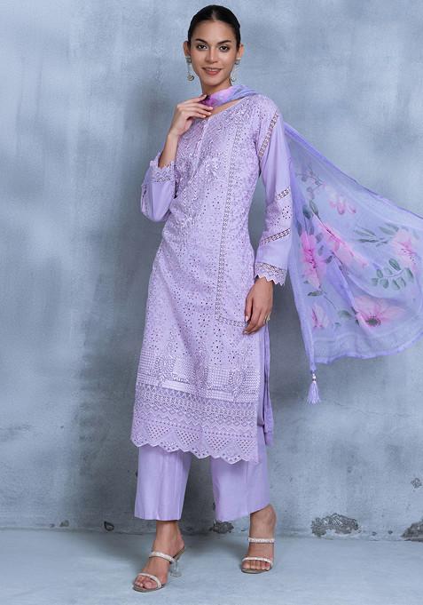 Purple Floral Zari Embroidered Kurta Set With Pants And Floral Print Dupatta