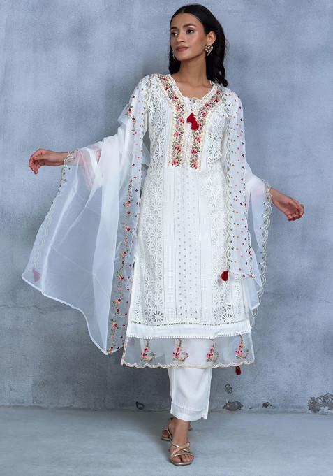 White Floral Embroidered Kurta Set With Pants And Floral Embroidered Dupatta