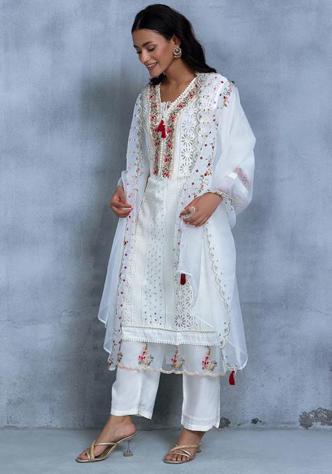 White Embroidered Cotton Blend A-Line Kurta Sets With Dupatta