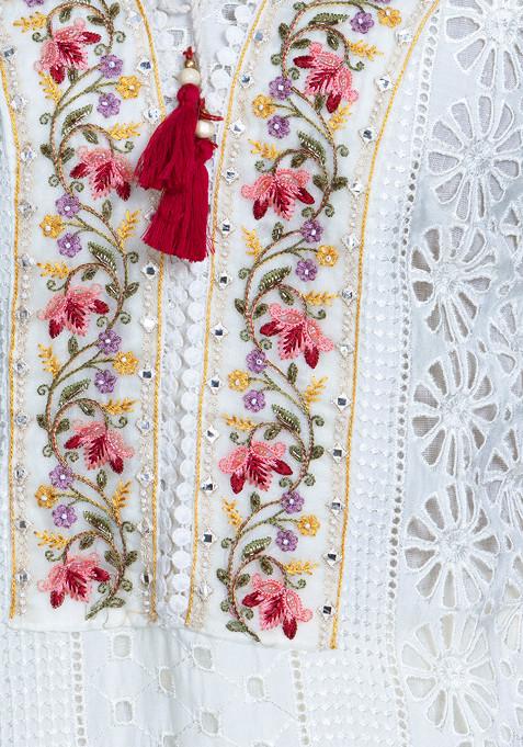 White and Purple Floral Embroidered Kurta Set
