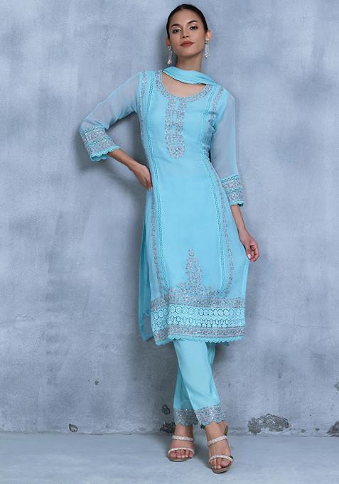 Turquoise Blue Zari Embroidered Kurta Set With Pants And Dupatta