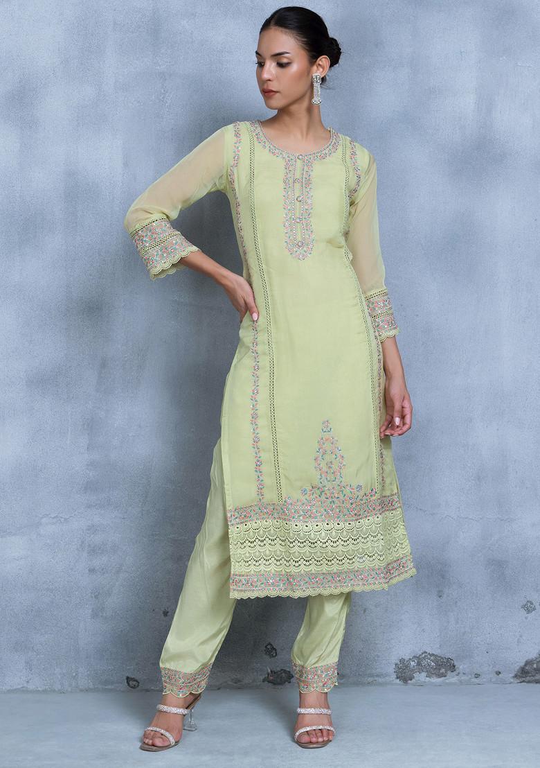 Green Zari Embroidered Rayon Straight Kurta, Palazzo and Dupatta Set