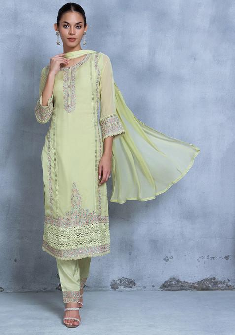 Lime Green Zari Embroidered Kurta Set With Pants And Dupatta