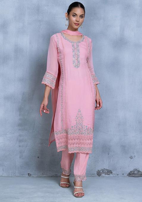 Pink Floral Zari Embroidered Kurta Set With Pants And Dupatta