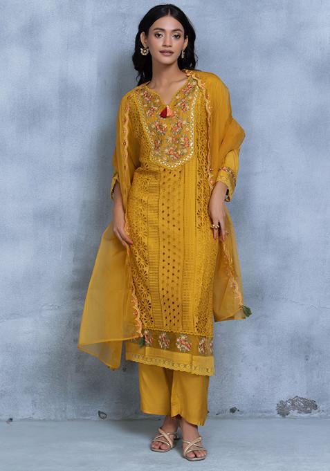 Yellow Floral Bead Zari Embellished Kurta Set With Pants And Dupatta