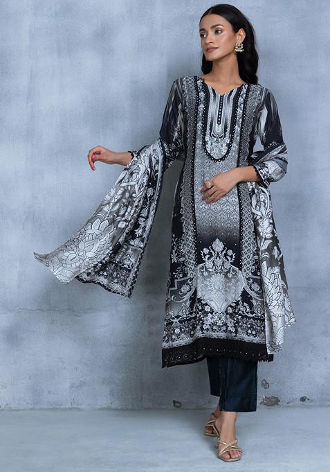 Black Floral Print Mukaish Work Kurta Set With Pants And Floral Print Dupatta