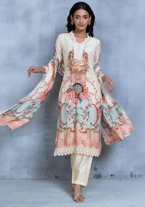 Cream Floral Print Kurta Set With Pants And Floral Print Dupatta