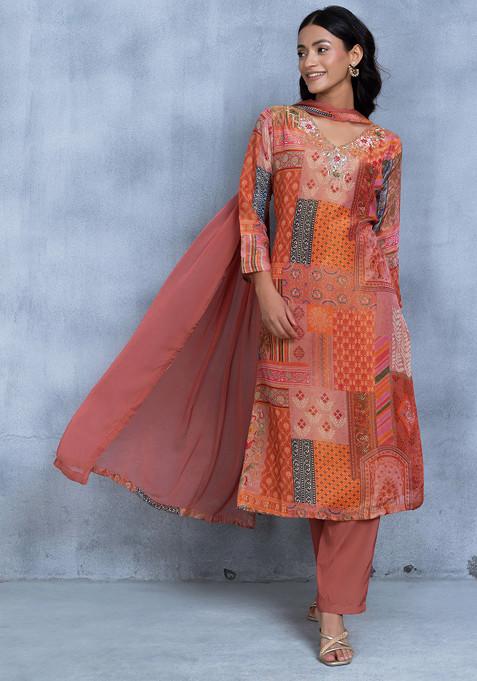 Orange Bead Sequin Embellished Kurta Set With Pants And Dupatta