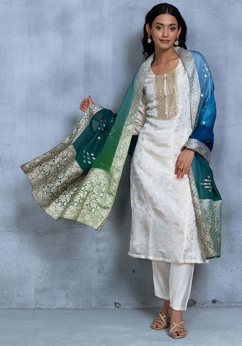 Cream Cutdana Embellished Kurta Set With Pants And Green Brocade Dupatta